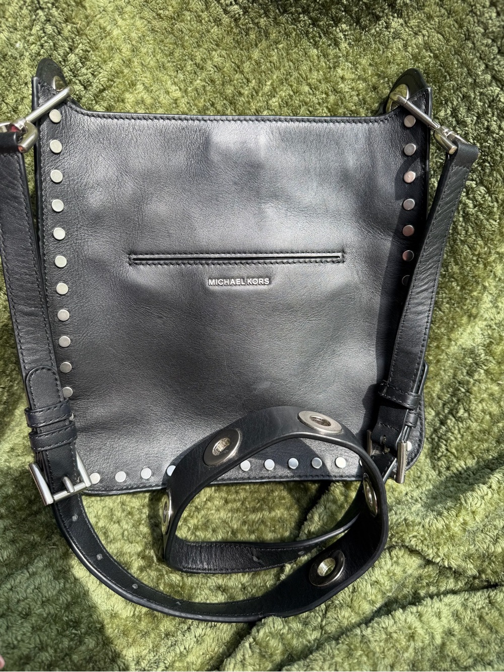 Michael Kors Black Leather Studded Shoulder Bag with Silver Hardware